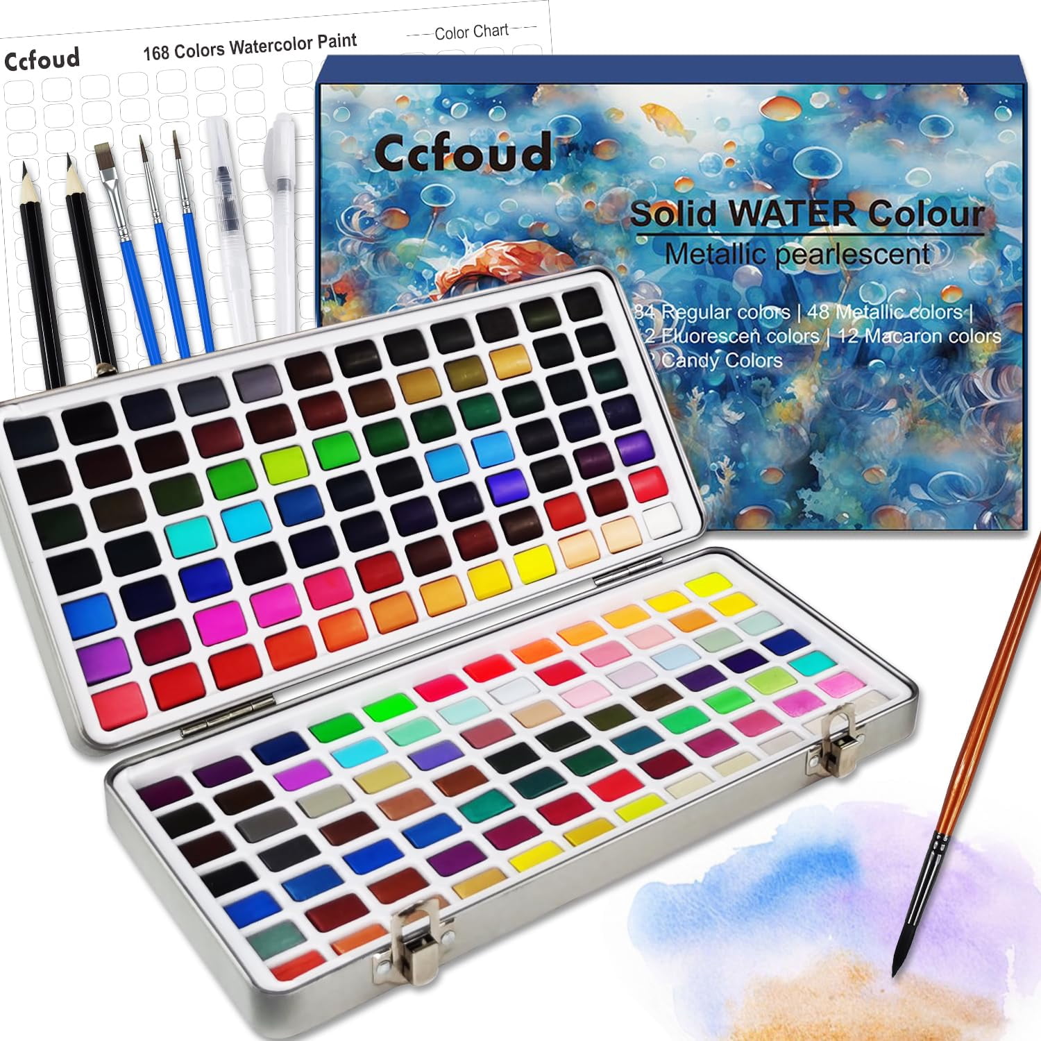 Watercolor Paint Set, 168 High Pigment Watercolor Painting Palettes with with metallic colors,fluorescen colors,macaron colors, for Artists,Painting Art Supplies for Adults