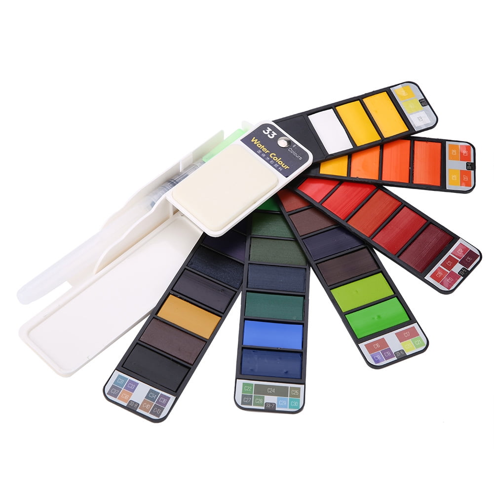 Watercolor Paint Set, Fan Shaped Pigment Painting Set Solid Watercolor with Drawing Dip Pen, Foldable Pigments with Water Brush for Artists Students Kids Beginners