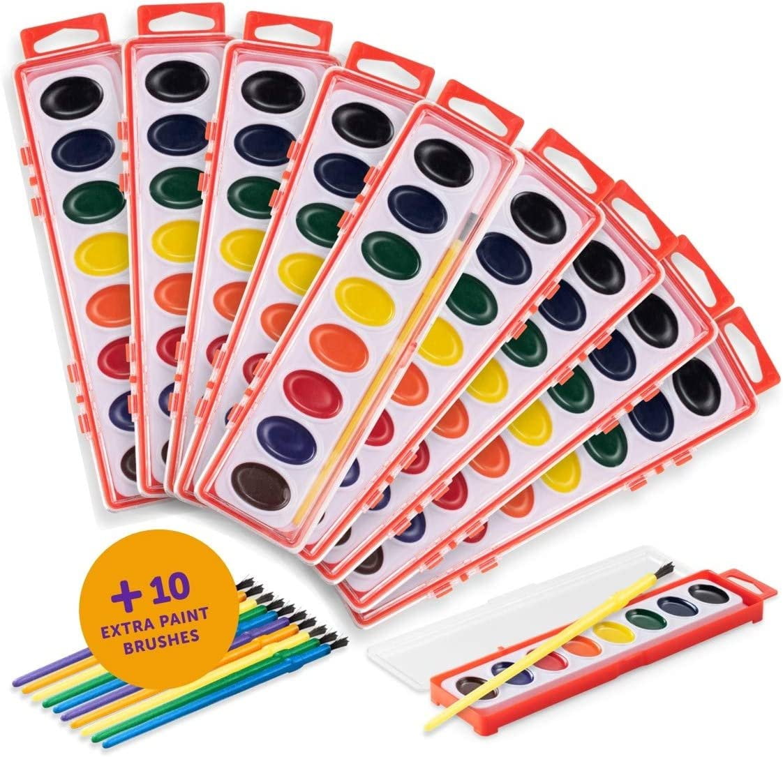 Kedudes Watercolor Paint Set for Kids - 10 Sets of 8 Color Semi-Moist Watercolor Paint Palette and Paintbrush Kits - Includes 10 Extra Paint Brushes