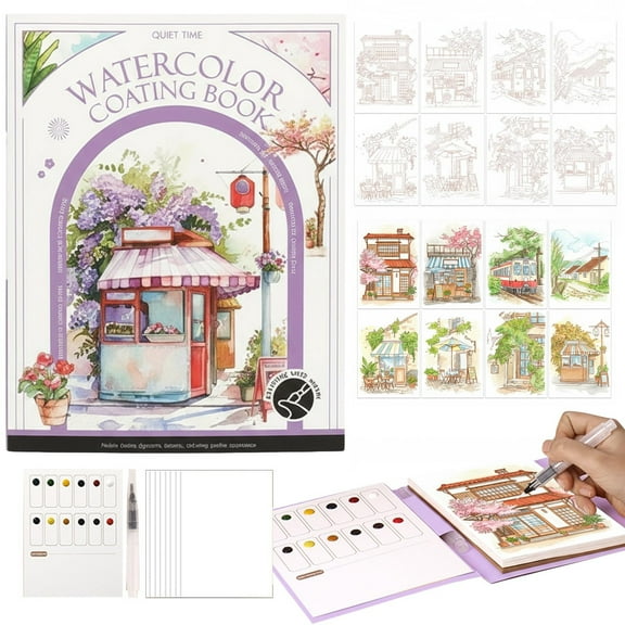 Watercolor Painting Book for Adults - 6.9 x 4.9in Stress Relief Art Kit, DIY Foldable Paint Book with Watercolor for Arts & Crafts(D)