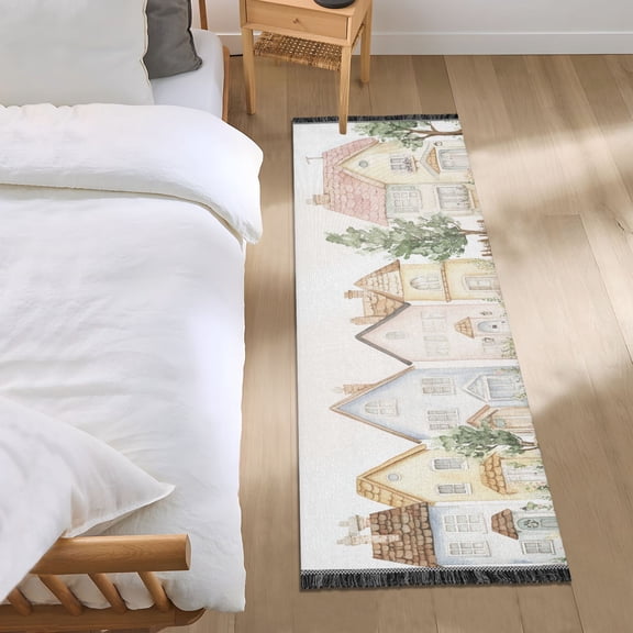 Watercolor Painting Houses Trees Spring Bedside Runner Rug 2'x 6' Non Slip Carpet Floor Mat Area Rug