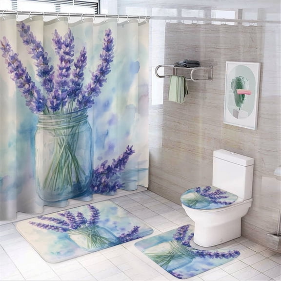 Watercolor Painting Lavender 4 Piece Shower Curtain Sets Shower Curtain Set with Shower Curtain And Rugs 4 Piece Farmhouse Purple Flower Waterproof Fabric Bath Curtains for Bathroom Decor