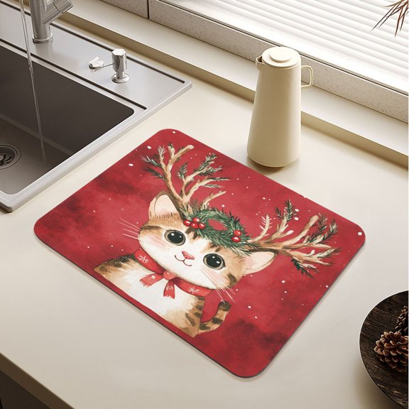 Watercolor Painting Of A Cute Cat Drying Mat Diatomaceous Earth Super Absorbent Non-slip Rubber Sole Heat Resistant 230 Degrees Fahrenheit 15.711.8in