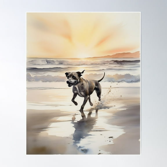 Watercolor Painting Of Dog Running On Beach Poster Wall Art, Modern Wall Decor For Living Room Bedroom, 8x12 UNFRAMED