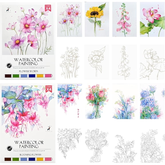 Watercolor Painting Paper Set-Line Draft Water Coloring Books Drawing Painting Art Kit Creative Handmade Watercolor Decorative Painting Includes Brushes and Paints(Flower Series)