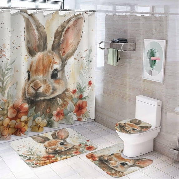 Watercolor Painting Rabbit With Flowers Shower Curtain 4 Piece Set Rug Toilet Lid Cover And Non-Slip U Shape Mat Happy Easter Waterproof Shower Curtain for Bathroom Decor