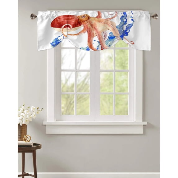 Watercolor Painting Wave Octopus Window Curtain Kitchen Cabinet Coffee Tie-Up Valance Curtain Rod Pocket Short Curtain