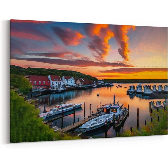 Watercolor Painting of Sunset Over a Harbor Filled with Boats Canvas Wall Art Decor, 12x18 Inch