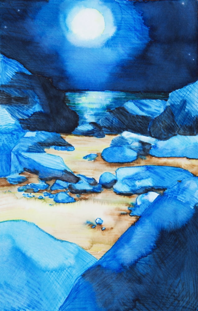 Watercolor Painting of a moonlit path by the sea Canvas Art - Tara Thelen Design Pics (22 x 34)
