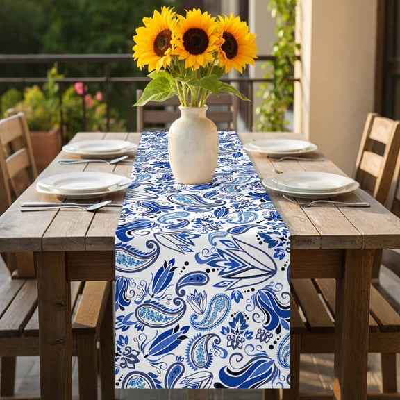 Watercolor Paisley Bandanna Table Runner 36 Inches Long,Kitchen Dining Tablerunners Abstract Blue Flowers Linen Table Runners Dresser Scarves for Home Dinner Wedding Holiday Party Decor
