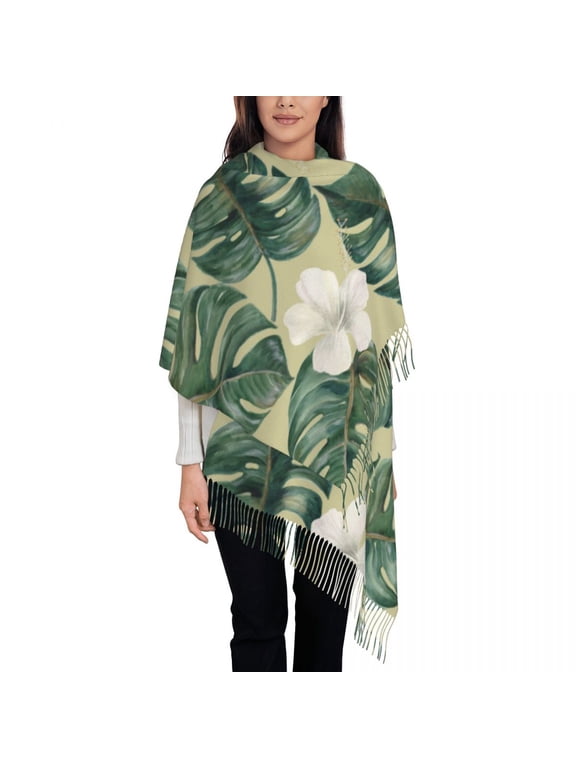 Watercolor Palm And Deliciosa Leaves Hibiscus Women's Pashmina Shawl Wraps Fringe Scarf Long Large Scarf