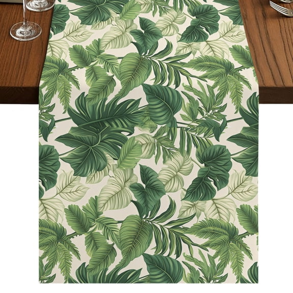 Watercolor Palm Leaf Table Runner 36 Inches Long, Tropical Plant Leaf Linen Texture Cotton Linen Dining Table Runner Dresser Scarves for Home Kitchen Party Decor 13"x36"