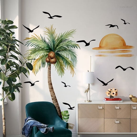 Watercolor Palm Tree Wall Decals Green Tropical Leaves Plants Boho Wall Stickers Peel and Stick Wall Art Decor for Living Room Bedroom Office Wall Gifts for Mom
