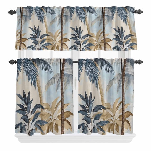 Watercolor Palm Trees Curtain Valances Set Vintage Tree Scenery Kitchen Curtains 36&nbsp;inch Length Rod Pocket Valance and Tiers 3 Piece Set Small Bedroom Bathroom Laundry Decor