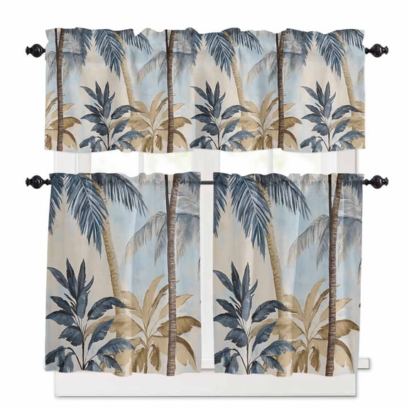Watercolor Palm Trees Kitchen Curtains and Valances Set, Vintage Tree Scenery Rod Pocket Window Valance 18 Inch Window Curtain Panels for Living Room Bedroom Laundry, 27.5x24in, 3 Pieces