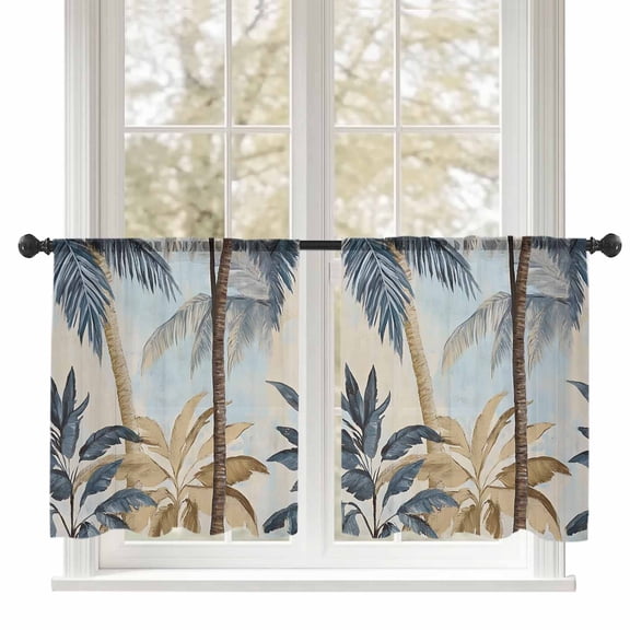 Watercolor Palm Trees Sheer Curtains 45 inches Long 2 Panels Set Vintage Tree Scenery Tiers Sheers Rod Pocket Small Window Short Curtains for Kitchen Cafe, Each 52" W x 45" L