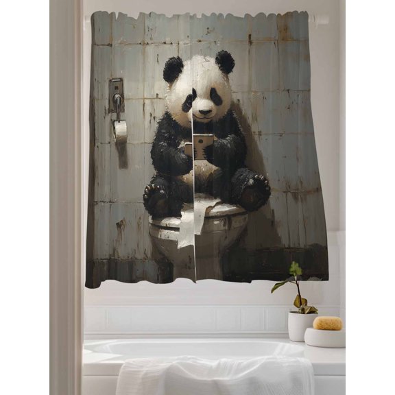Watercolor Panda Mobile Phone Sheer Curtains 2 Panels Set Traditional Gray Animal Pattern Art Lihgt Filtering Rod Pocket Voile Drape,Semi Sheer Window Curtains for Bedroom Living Room,52"x72"