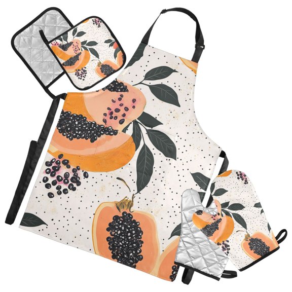Watercolor Papayas Oven Mitts and Pot Holders with Chef Apron Set 5 Pcs Kitchen Cooking Set