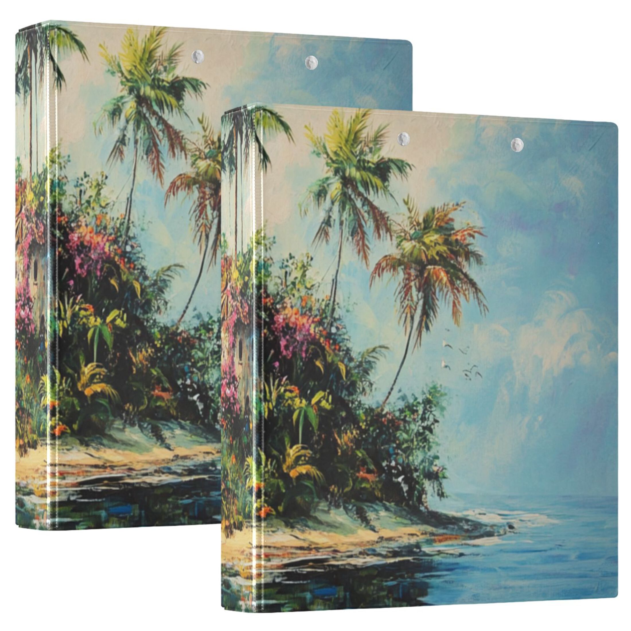 Watercolor Paradise Island 3 Ring Binders 1.5 inch Hardcover File Folders with Interior Pockets A4 Size Organizer for School Office Hospital