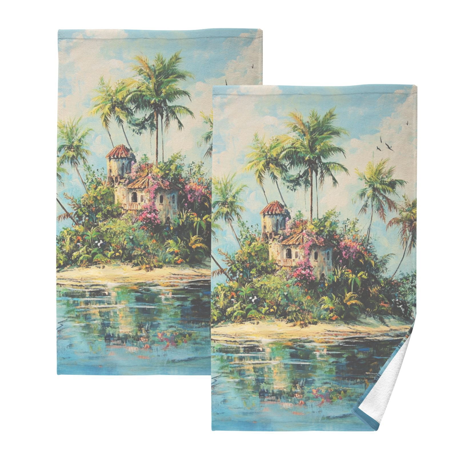 Watercolor Paradise Island Hand Towels Cotton Bath Towels Large Face Towels Absorbent for Bathroom 2 Packs