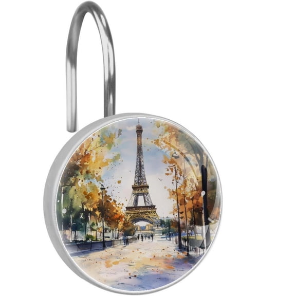 Watercolor Paris Tower Street Shower Curtain Hooks Round Crystal Glass, Set of 12 Shower Curtain Rings - Shower Hooks for Curtain Shower Rings
