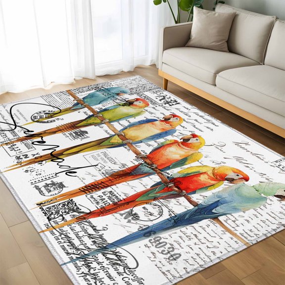 Watercolor Parrot on Vintage Postcard Floor Carpet Living Room Rug, Colorful Bird Letter Texture Non-Slip Welcome Mat Indoor Rugs for Bedroom Dining Room