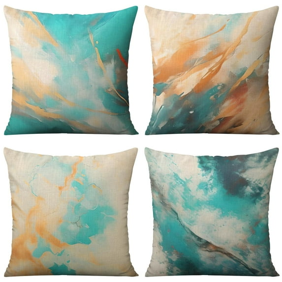 Watercolor Pastel Abstract Grunge with Paint Splatter Orange and Blue Throw Pillow Covers 18 X 18 Inch, Set Of 4, Linen Study Sofa Cushion Cover Indoor Living Room Home Decor
