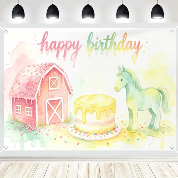 Watercolor Pastel Farm Horse Birthday Backdrop, Barnyard Barn Cake Party Photo Background Banner Decor 3x5ft