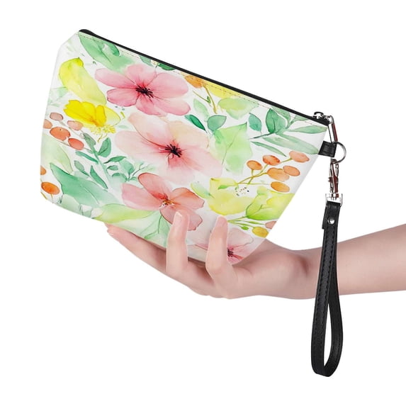 Watercolor Pastel Floral Art Print Leather Makeup Bag Small Travel Cosmetic Bag For Women,Cosmetic Organizer Makeup Pouch For Purse, One Size
