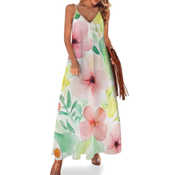 Watercolor Pastel Floral Art Print Sleeveless Dress Loose Women's Dress Dresses Luxury Evening Dresses
