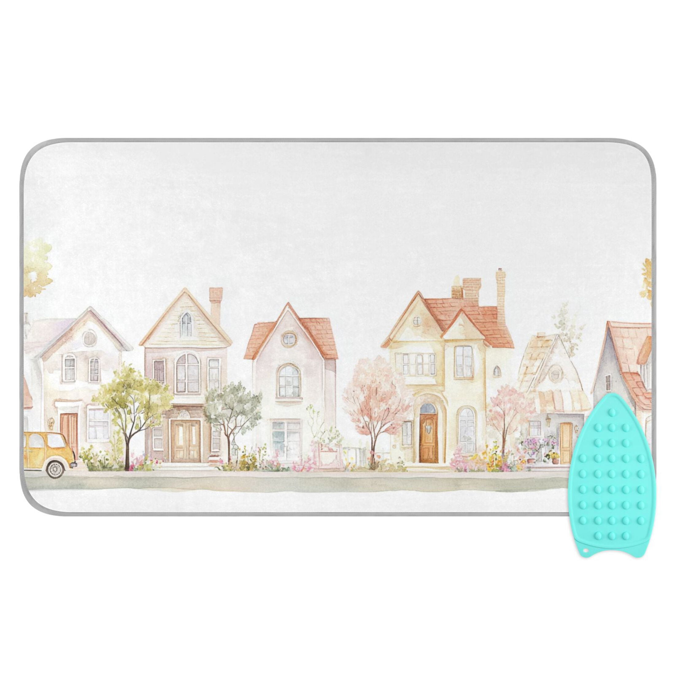 Watercolor Pastel Houses Trees Flowers Car Ironing Mat Blanket Portable Travel Ironing Pad Heat Resistant Pad 47.2" x 27.6”