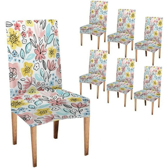 Watercolor Pattern Flowers and Green Leaves Chair Covers Pink and Yellow Slipcovers for Chairs Set of 6 Stretch Removable Washable Slipcovers for Dining Room Hotel Kitchen