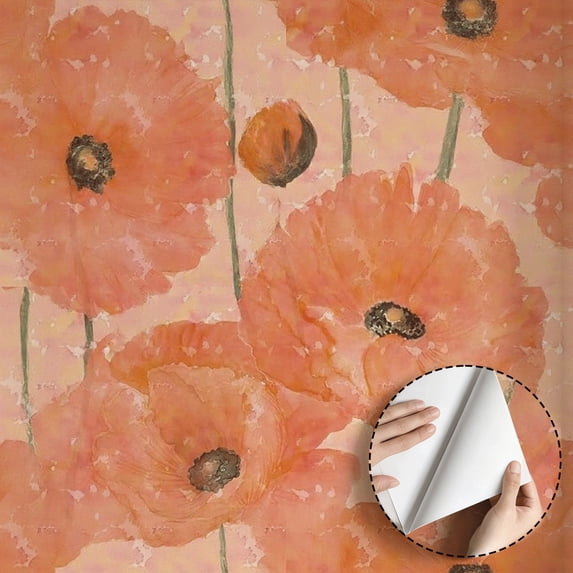 Watercolor Peach Poppy Floral Wallpaper, Vintage Boho Style, Self adhesive and removable, waterproof, Wall Decoration for Bedroom, Living Room, Kitchen Cabinet, Drawer, 17.7 * 118 in