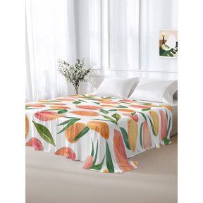Watercolor Peaches Green Leaves California King Size Flat Sheet Only,Soft Top Bed Sheets Breathable Bedding Sheet Spring Botanical Plant Microfiber Hotel Flat Sheets