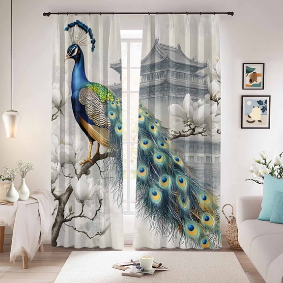 Watercolor Peacock Blackout Curtains for Bedroom/Living Room, Pinch Pleated Black Out Curtains, Retro Attic Flower Feather Room Darkening Window Drapes with Hooks 2 Panels, 59"x70"