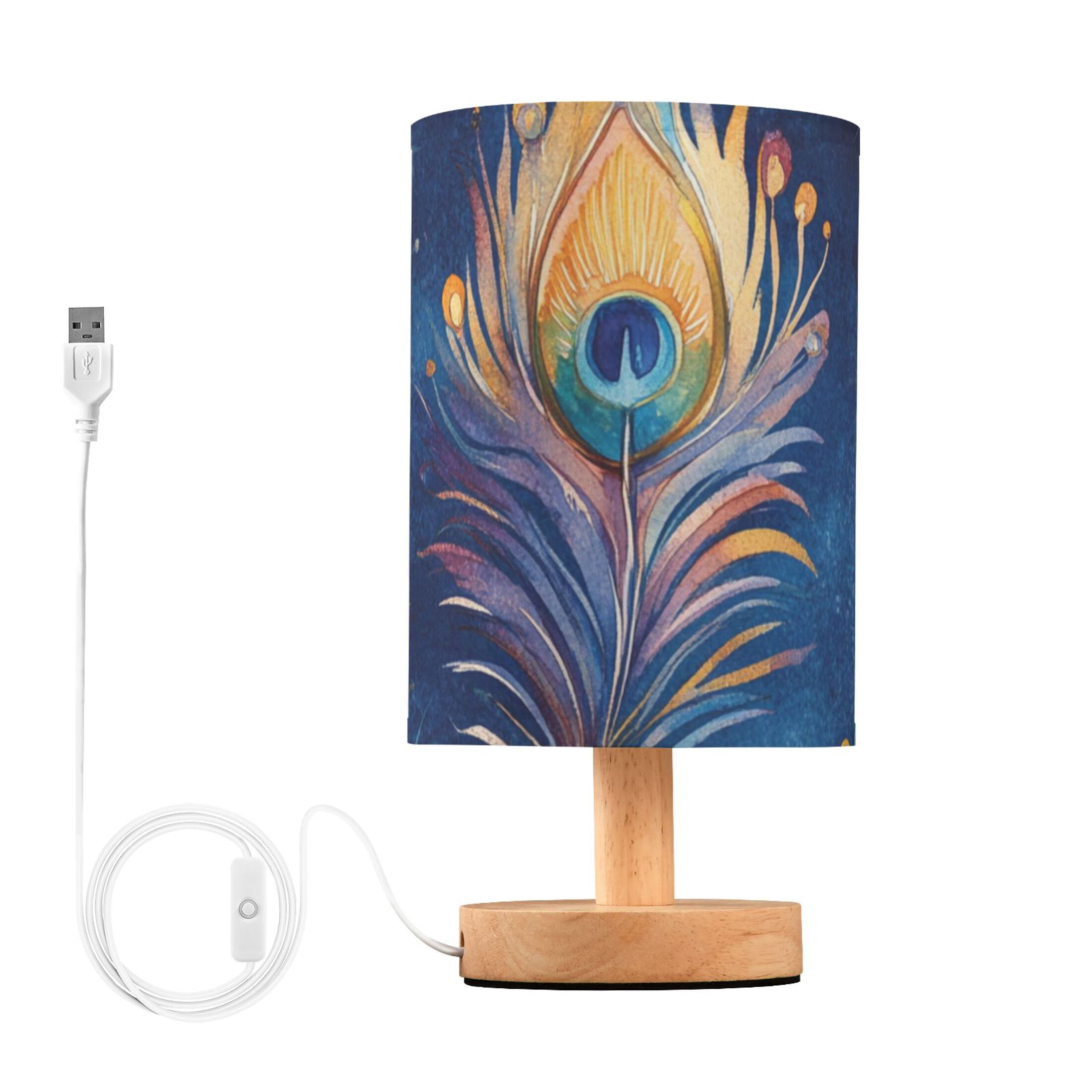 Watercolor Peacock Feather Table Lamp for Desk Nightstand Lamp