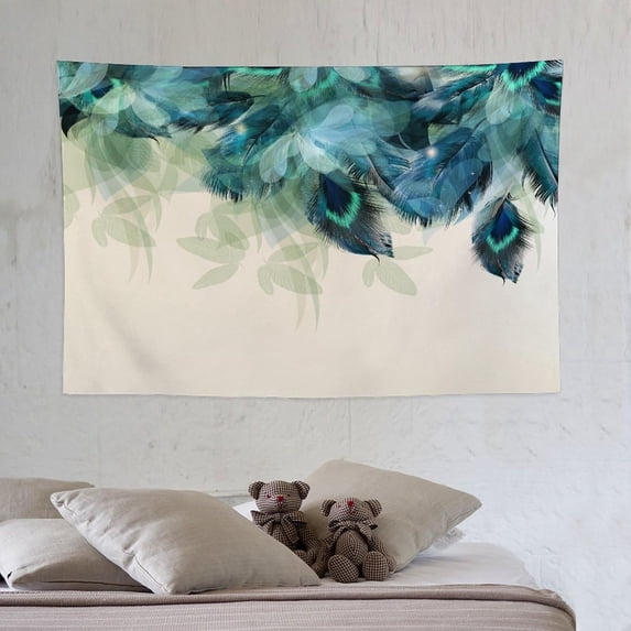 Watercolor Peacock Feather Tapestry Wall Hanging Green And Teal Vintage Tapestries Home Decor for Living Room Bedroom Farmhouse Apartment Dorm 40"x60"