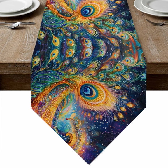 Watercolor Peacock Feathers Table Runner Linen Burlap Table Runner 36 Inches Small Abstract Oil Painting Art Dresser Scarves for Kitchen Island Coffee Dining Party Wedding Holiday Decor 13"x36"