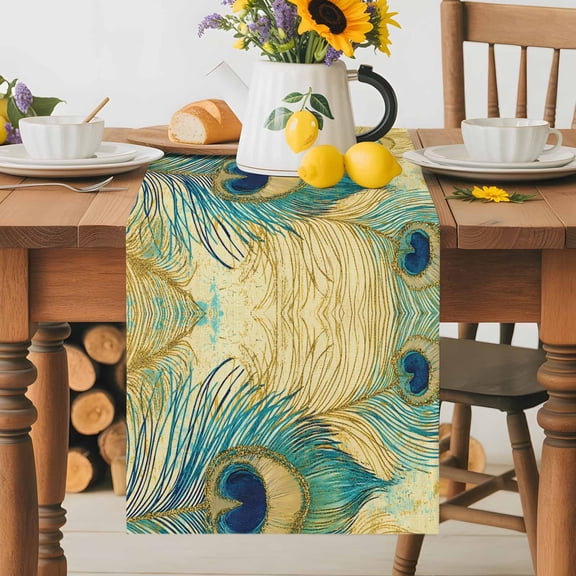 Watercolor Peacock Feathers on Vintage Table Runner 36 Inches Long, Abstract Feather Table Runners Tabletop Scarf Kitchen Dining Tables Decoration for Home Party Indoor Outdoor