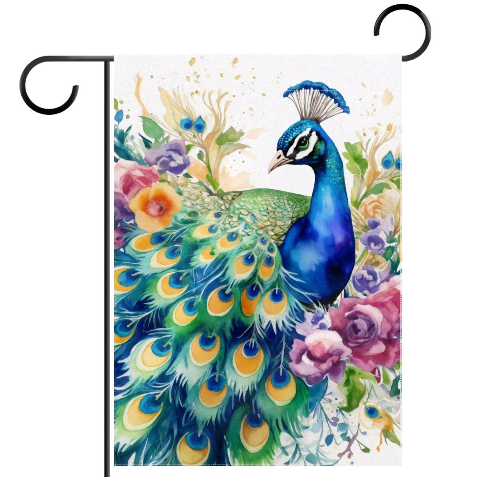 Watercolor Peacock with Flowers Double Sided Garden Flag Decorative Weather Resistant Yard Flag, Large DIY Vertical Flag for Farmhouse Patio Lawn, 28x40 Inch
