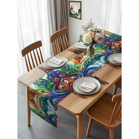 Watercolor Peacock Leather Table Runner 13x70in Non-Slip Cotton Linen Table Runners, Abstract Line Eyes Dresser Scarves TableRunner for Dinner Kitchen Dining Wedding Party