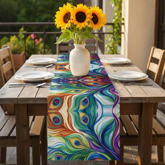 Watercolor Peacock Leather Table Runner 36 Inches Long,Kitchen Dining Tablerunners Abstract Line Eyes Linen Table Runners Dresser Scarves for Home Dinner Wedding Holiday Party Decor