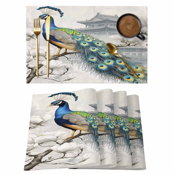 Watercolor Peacock Placemats Set of 12 Retro Attic Flower Feather Place Mats Indoor Wipeable Table Mats Washable Cloth Dining Table Placemats for Kitchen Holiday Party Home Decor 13x19 Inch
