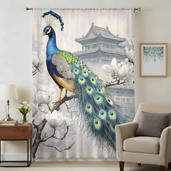 Watercolor Peacock Sheer Curtains 54 Inches Long, Retro Attic Flower Feather Light Filering Curtains, Breathable Simi Curtain Privacy Drapes for Kitchen Bathroom Lightweight Small Window Treatment