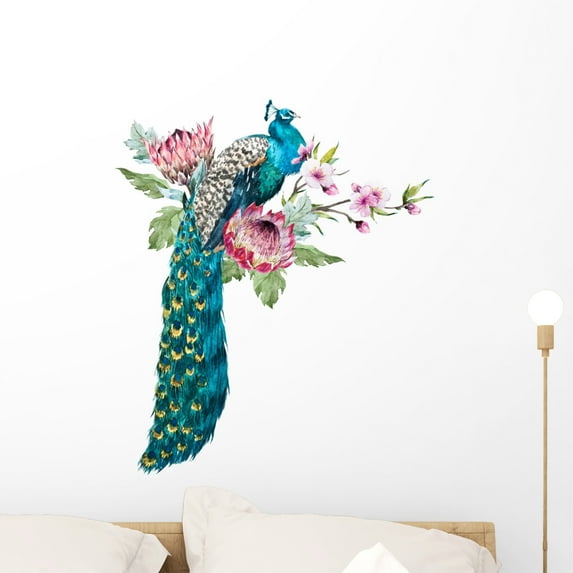 Watercolor Peacock with Flowers Wall Decal Wallmonkeys Peel and Stick Animal Graphics (24 in H x 24 in W) WM502620