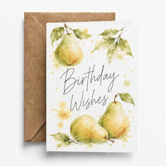 Watercolor Pear Birthday Wishes Card with Kraft Envelope, Fresh Fruit Greeting Card