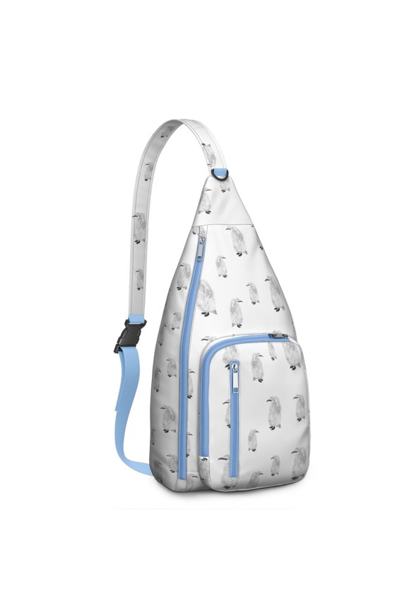 Watercolor Penguin Sling Backpack – Cute Arctic Emperor Penguin & Snowflake Print Crossbody Bag for Travel, Hiking & Everyday