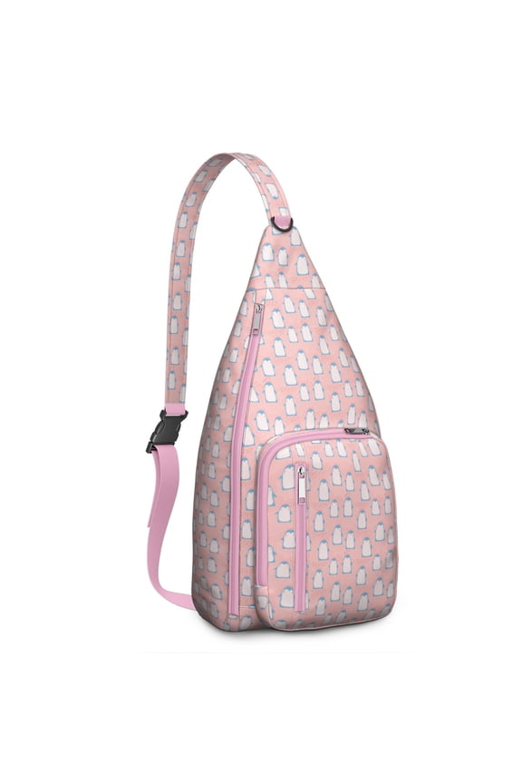 Watercolor Penguin Sling Backpack – Cute Arctic Emperor Penguin & Snowflake Print Crossbody Bag for Travel, Hiking & Everyday