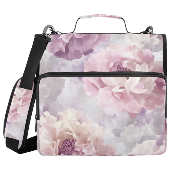 Watercolor Peonies Flowers Soft Color Binder Bag with Shoulder Strap 3 Ring Zipper Binder File Folder Document Storage