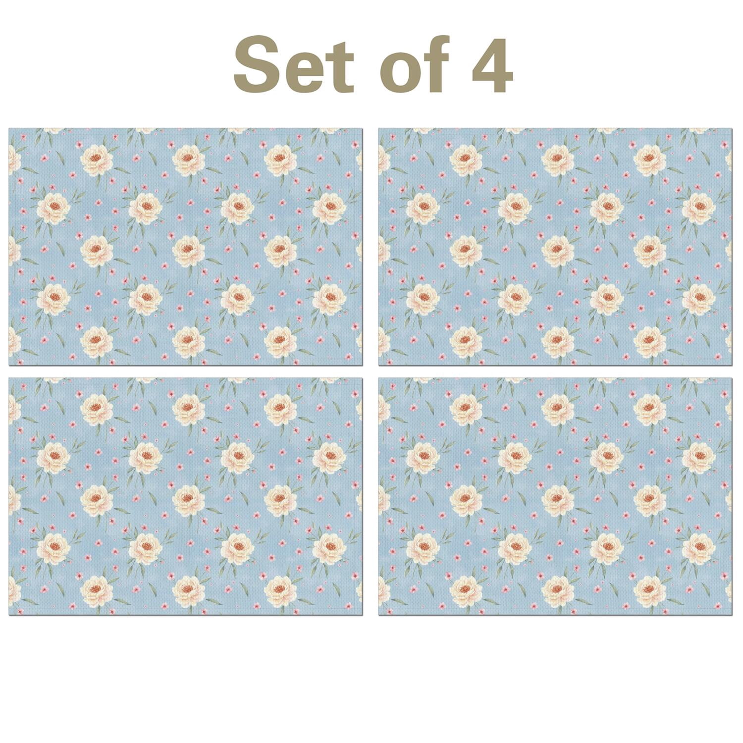 Polyyester Texture Watercolor Peony Blue Dining Placemats Set Of 4, Heat Resistant Linen ...
